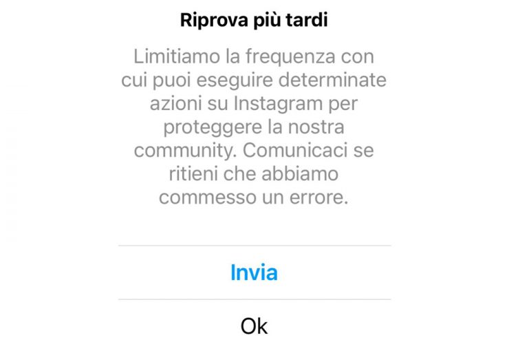 instagram down, riprova più tardi