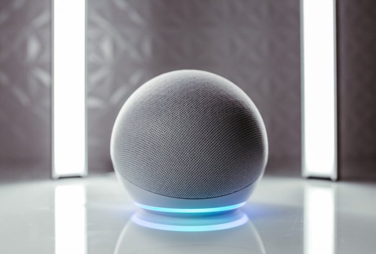 Close-up of a spherical smart speaker with illuminated base, perfect for modern interiors.