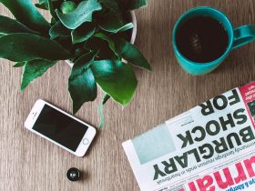 Flat lay arrangement of a coffee mug, newspaper, smartphone, and plant on a wooden table.