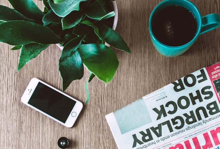 Flat lay arrangement of a coffee mug, newspaper, smartphone, and plant on a wooden table.