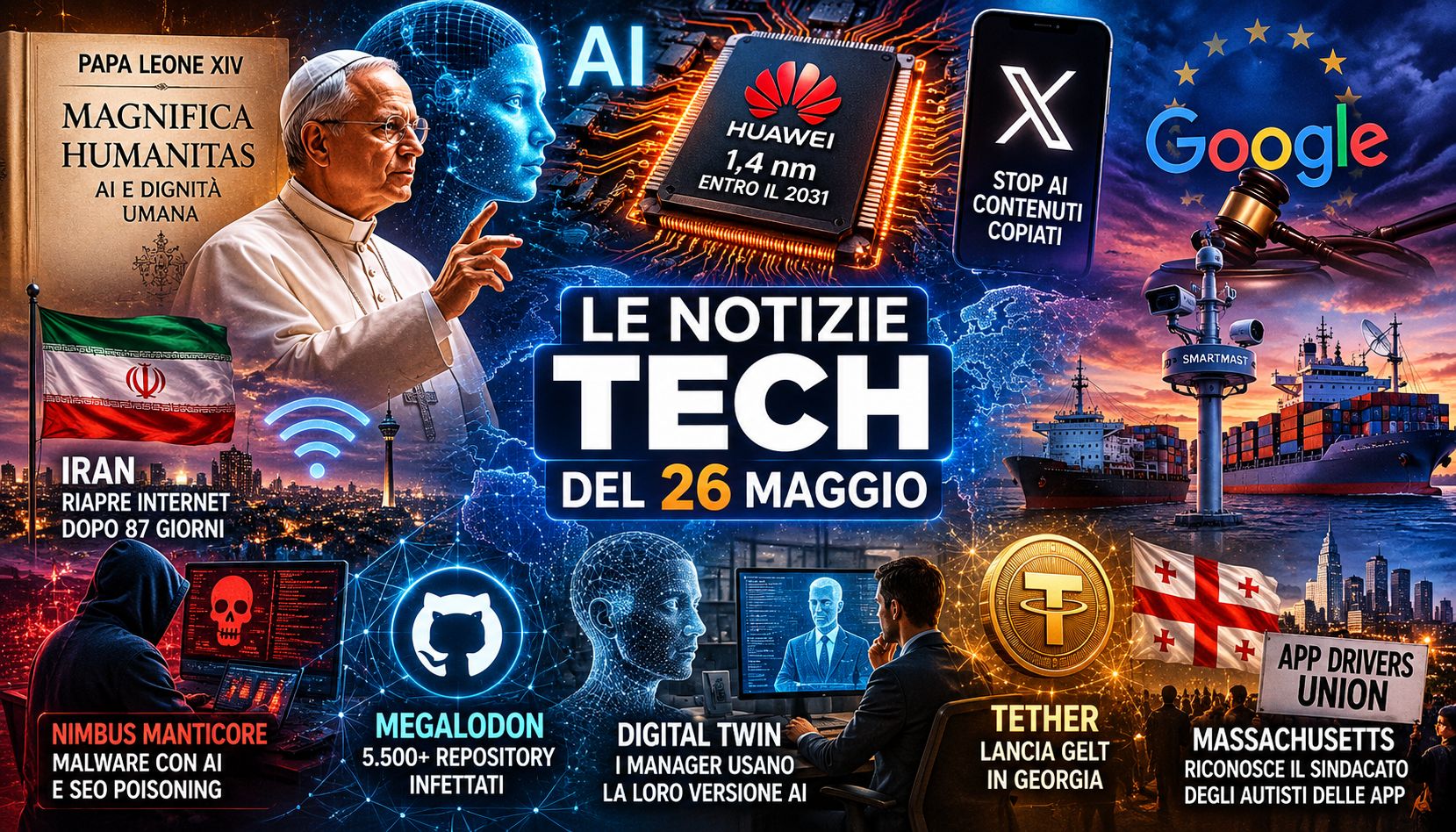 Le notizie tech del 26 maggio: il Papa interviene sull’AI e Huawei rilancia la sfida sui chip