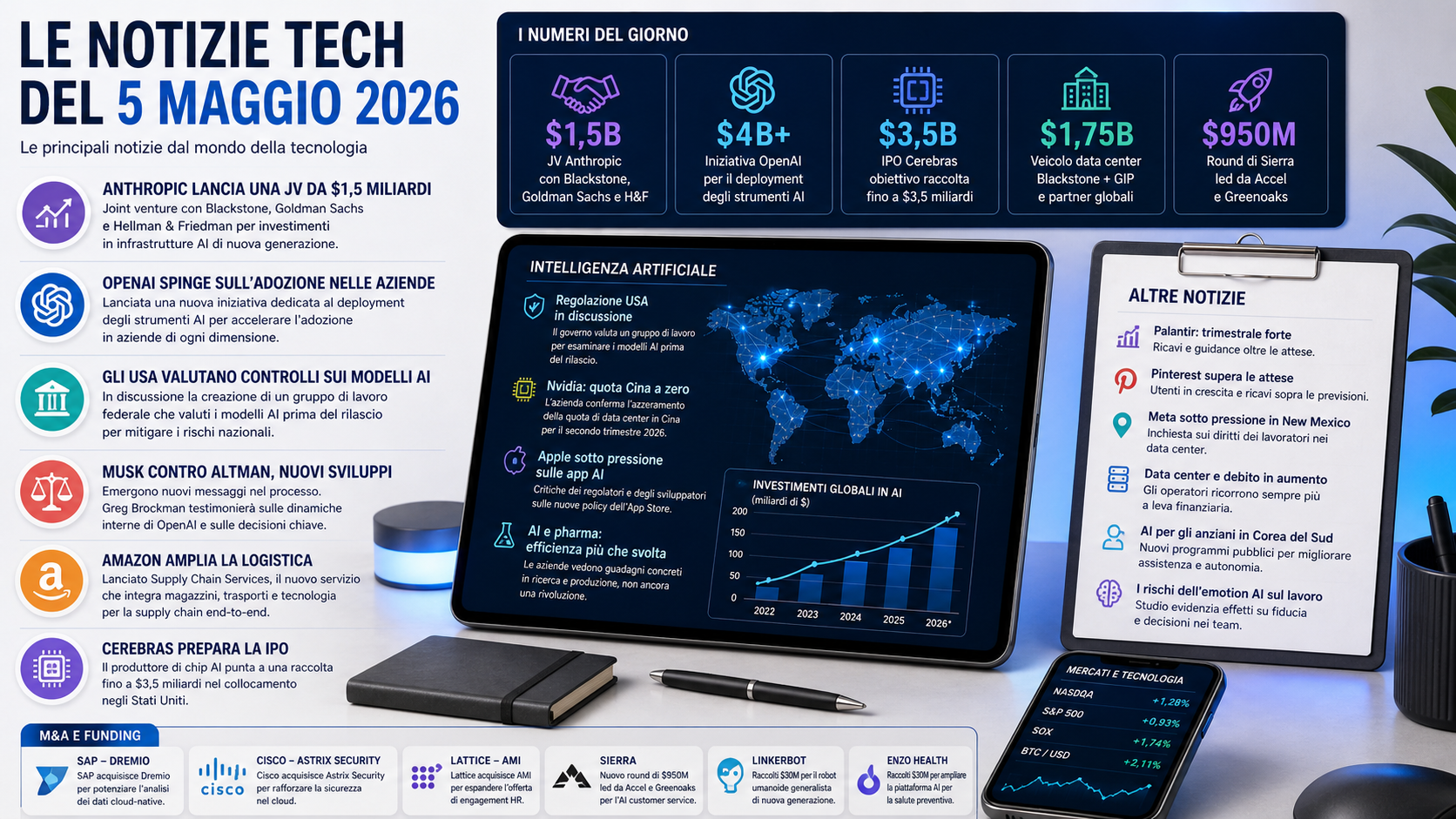 Le notizie tech del 5 maggio: Anthropic crea una JV da 1,5 miliardi, cresce la pressione sulla regolazione AI