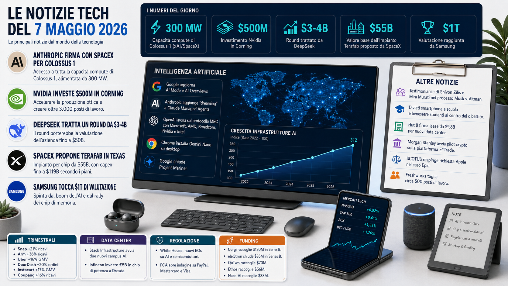 Le notizie tech del 7 maggio: Anthropic affitta Colossus 1 da SpaceX, Nvidia investe in Corning