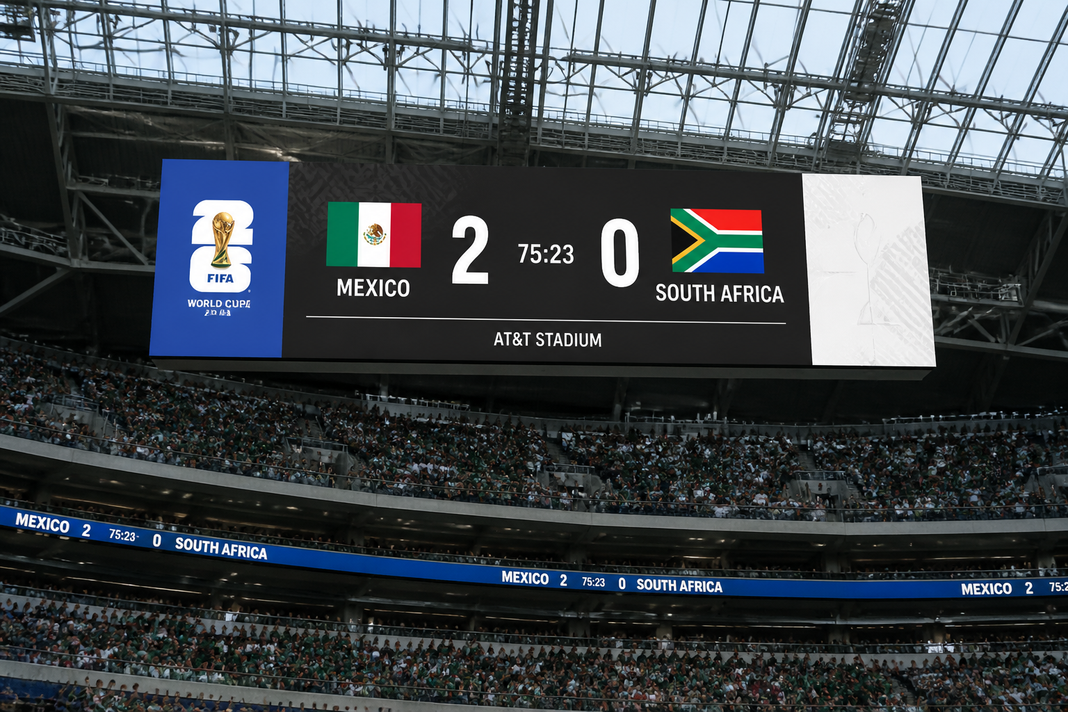 Tabellone dello stadio che mostra il risultato di Messico 2-0 Sudafrica durante i Mondiali 2026.