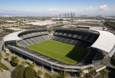 Veduta panoramica di uno stadio di calcio moderno a Los Angeles durante il giorno del debutto dei Mondiali 2026.