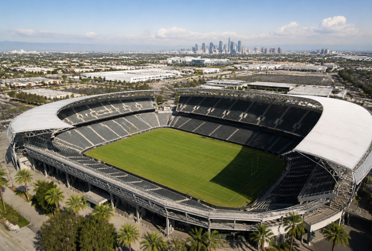 Veduta panoramica di uno stadio di calcio moderno a Los Angeles durante il giorno del debutto dei Mondiali 2026.