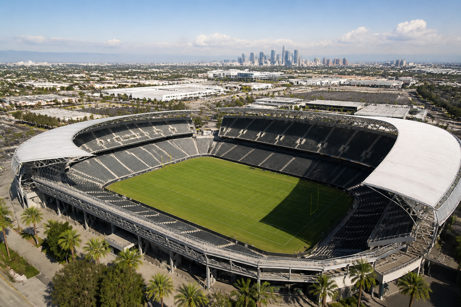 Veduta panoramica di uno stadio di calcio moderno a Los Angeles durante il giorno del debutto dei Mondiali 2026.