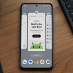 Smartphone con interfaccia multitasking avanzata su un tavolo da ufficio
