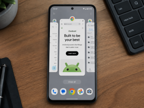 Smartphone con interfaccia multitasking avanzata su un tavolo da ufficio
