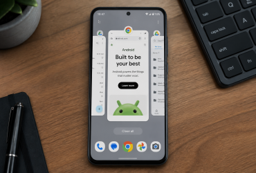 Smartphone con interfaccia multitasking avanzata su un tavolo da ufficio