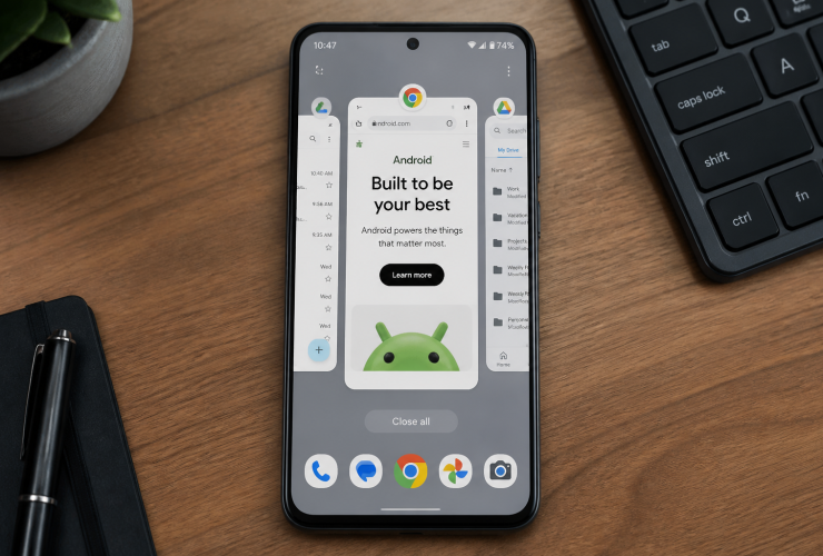 Smartphone con interfaccia multitasking avanzata su un tavolo da ufficio
