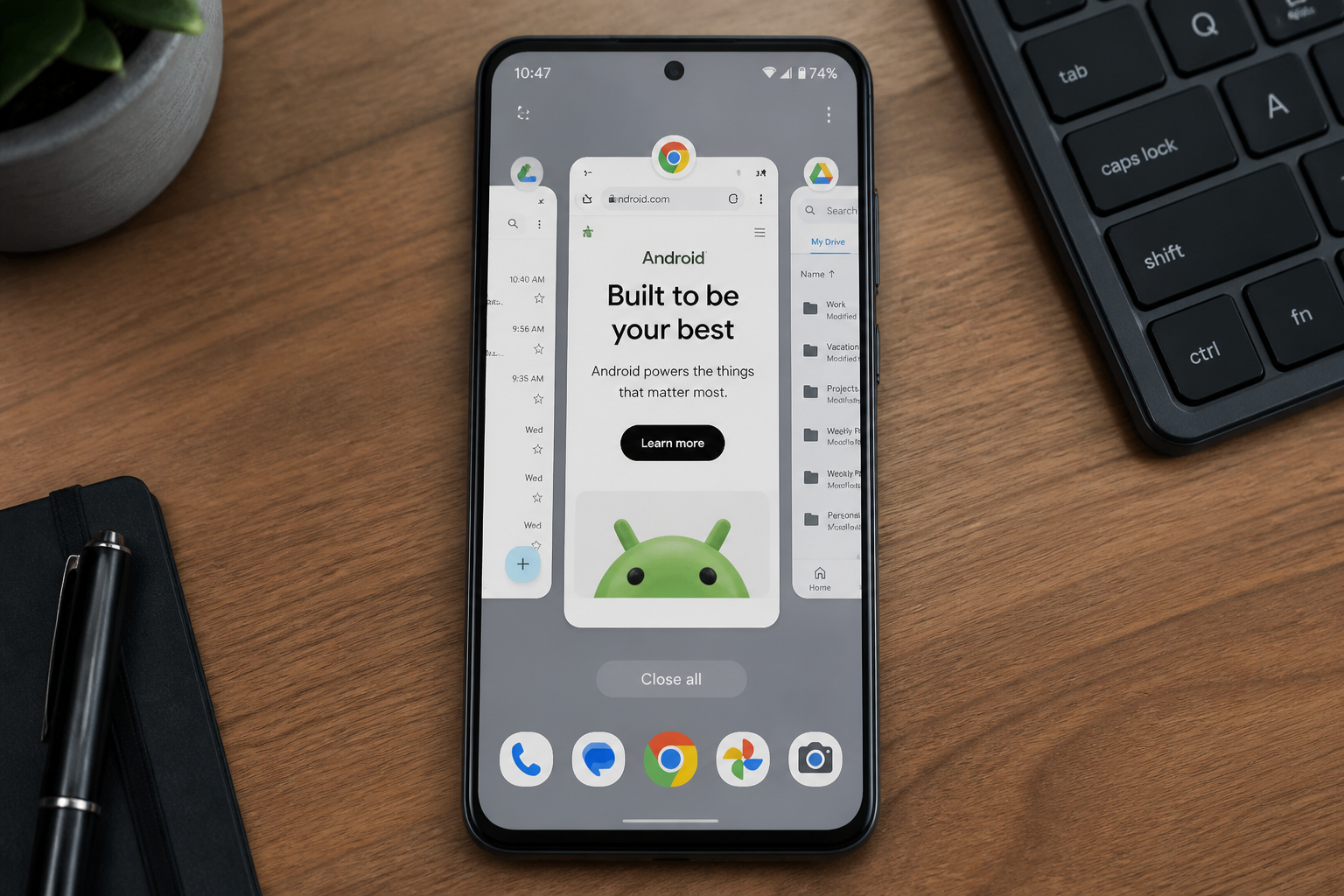 Smartphone con interfaccia multitasking avanzata su un tavolo da ufficio