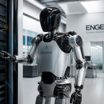 Un robot umanoide di Neura Robotics all'interno di un laboratorio tecnologico moderno con server in sottofondo.