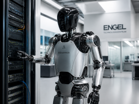 Un robot umanoide di Neura Robotics all'interno di un laboratorio tecnologico moderno con server in sottofondo.