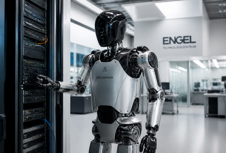 Un robot umanoide di Neura Robotics all'interno di un laboratorio tecnologico moderno con server in sottofondo.