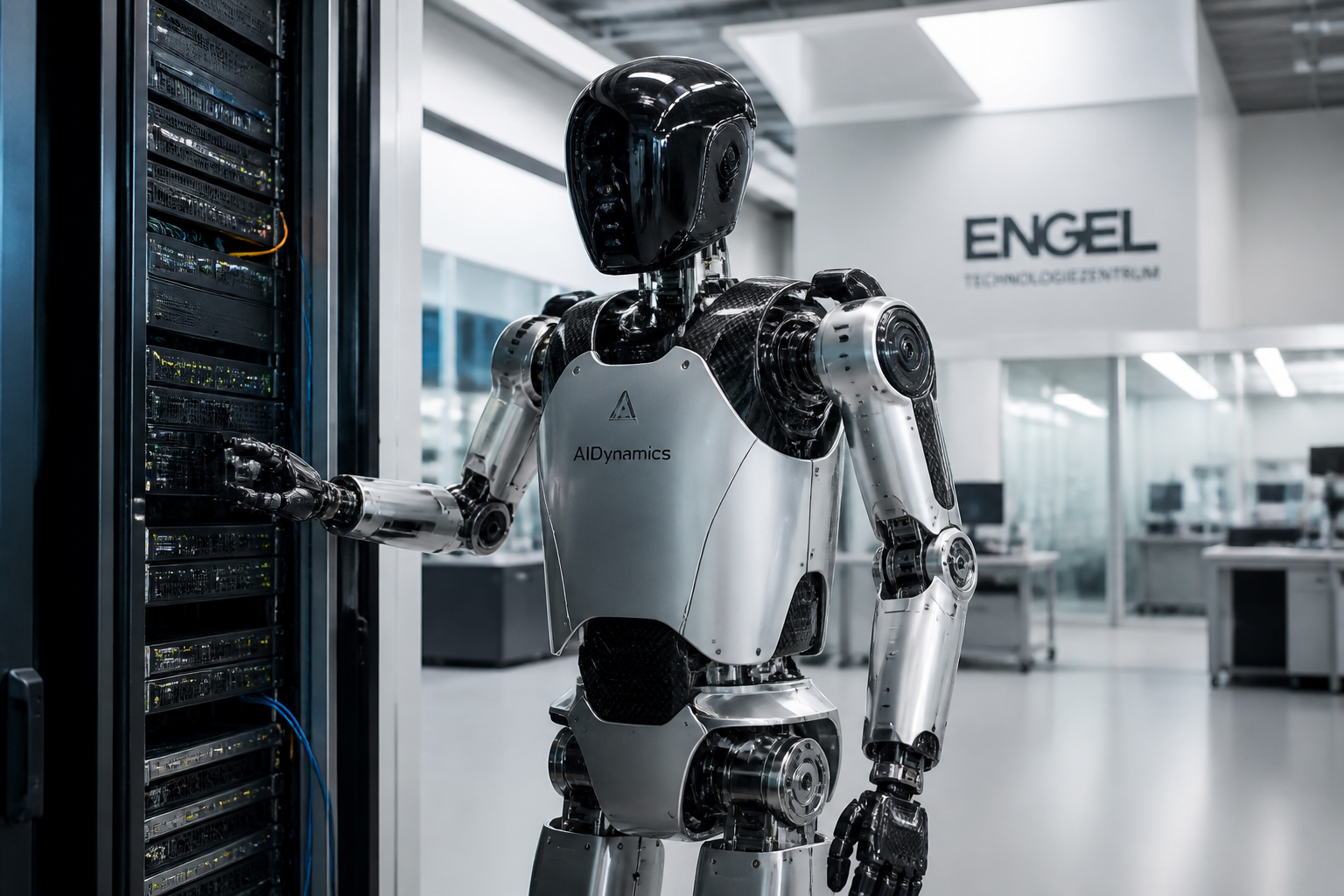 Un robot umanoide di Neura Robotics all'interno di un laboratorio tecnologico moderno con server in sottofondo.