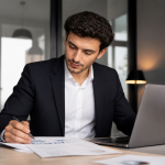 Giovane imprenditore al lavoro in ufficio con computer e documenti