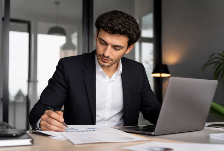Giovane imprenditore al lavoro in ufficio con computer e documenti