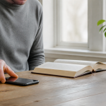 Una persona poggia lo smartphone sul tavolo per concentrarsi sulla lettura di un libro cartaceo, simbolo della Slow Tech.