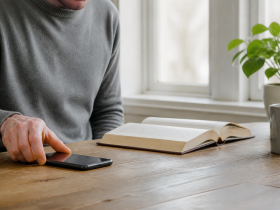 Una persona poggia lo smartphone sul tavolo per concentrarsi sulla lettura di un libro cartaceo, simbolo della Slow Tech.