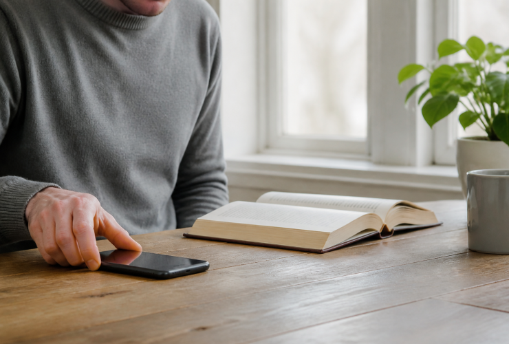 Una persona poggia lo smartphone sul tavolo per concentrarsi sulla lettura di un libro cartaceo, simbolo della Slow Tech.