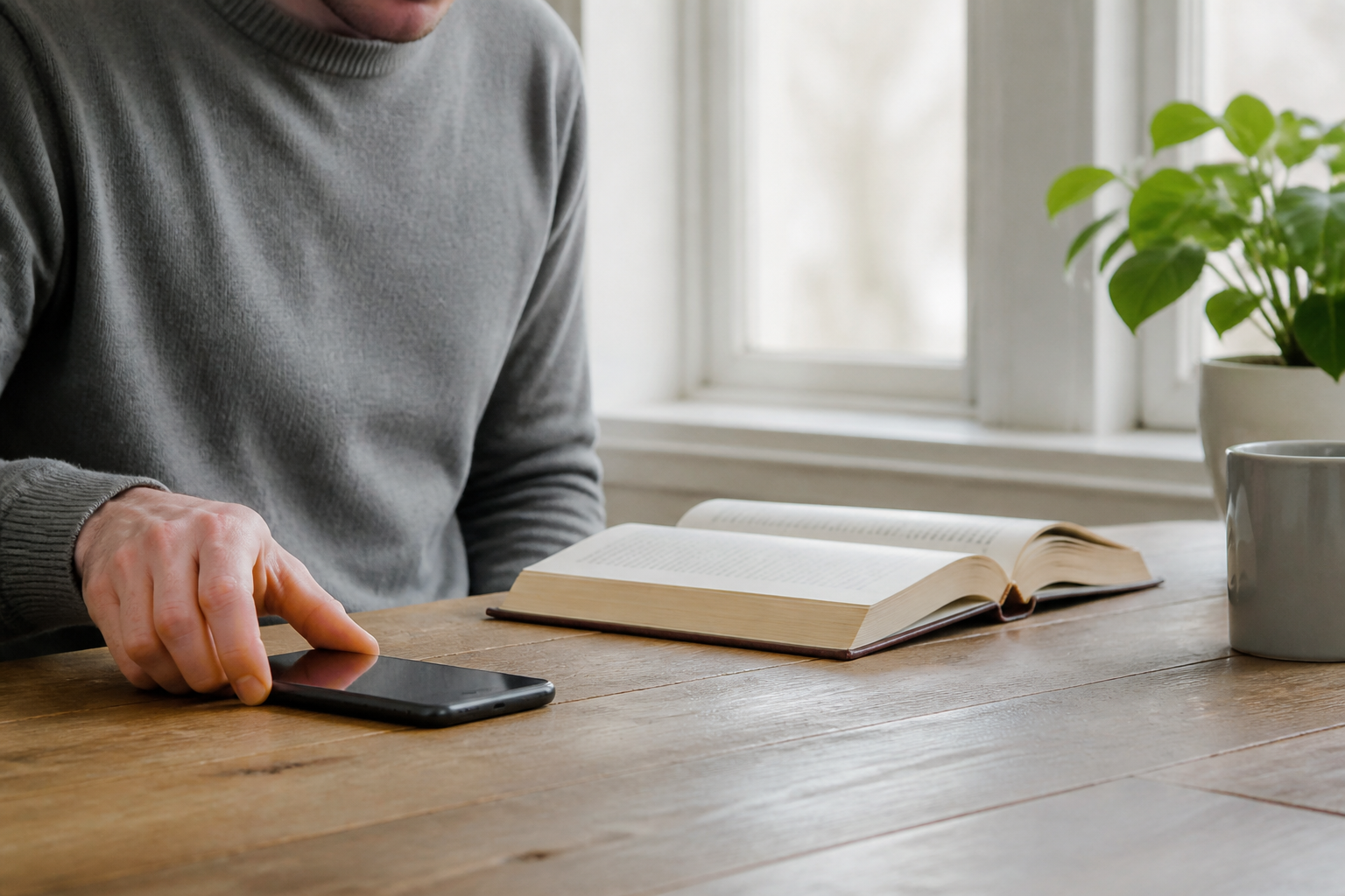 Una persona poggia lo smartphone sul tavolo per concentrarsi sulla lettura di un libro cartaceo, simbolo della Slow Tech.