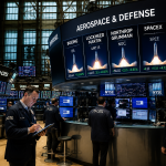 Schermi di una borsa valori che mostrano dati finanziari e grafici relativi al settore aerospaziale.