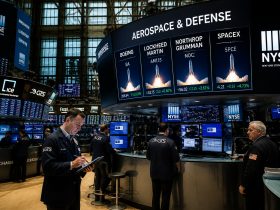 Schermi di una borsa valori che mostrano dati finanziari e grafici relativi al settore aerospaziale.