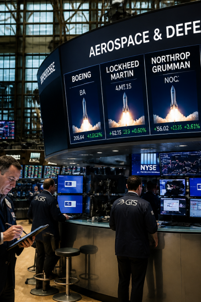 Schermi di una borsa valori che mostrano dati finanziari e grafici relativi al settore aerospaziale.