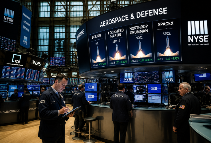Schermi di una borsa valori che mostrano dati finanziari e grafici relativi al settore aerospaziale.