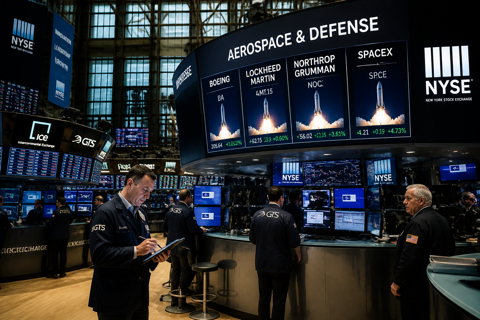 Schermi di una borsa valori che mostrano dati finanziari e grafici relativi al settore aerospaziale.