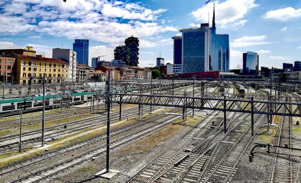 Skyline of the financial center, in the foreground, the Milano Porta Garibaldi railway station, Milan, Italy.