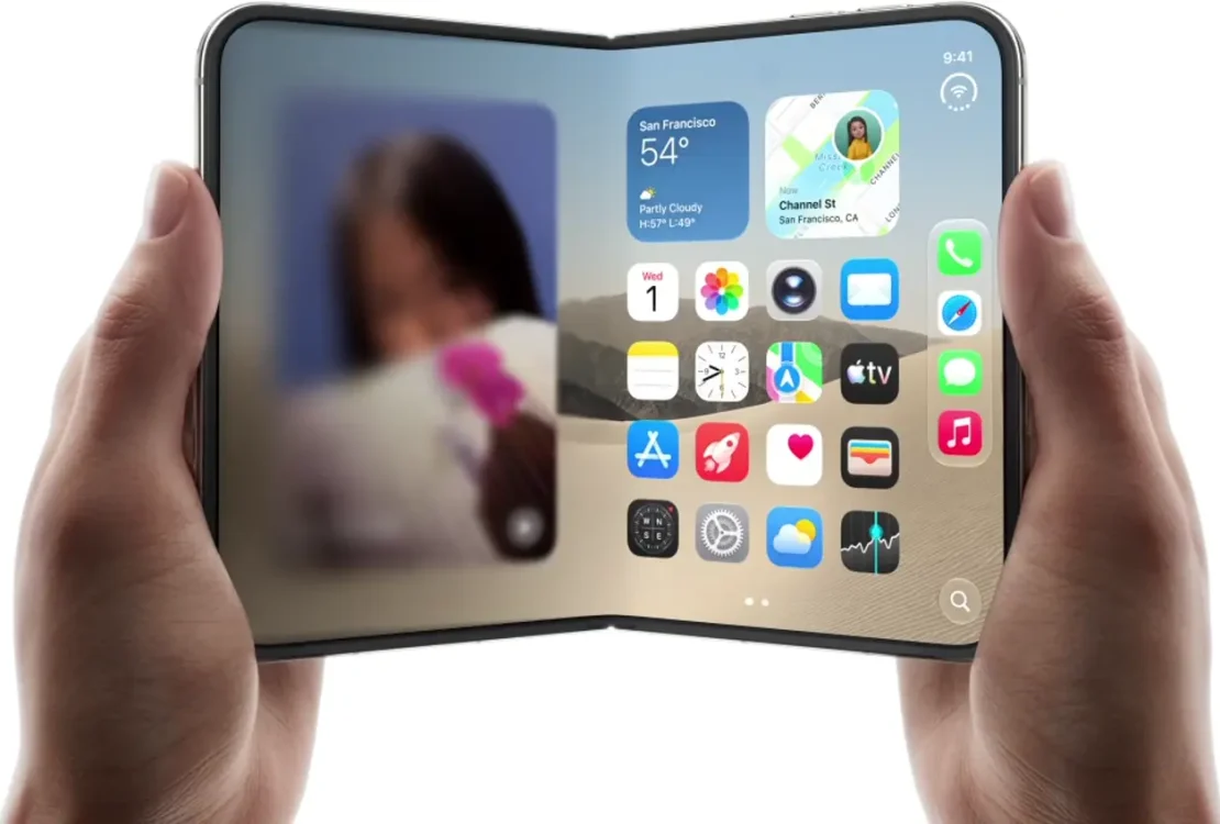 iPhone Duo aperto con il display interno: immagine ufficiale Apple