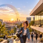 Una giovane studentessa con lo zaino sale le scale di un campus universitario al tramonto