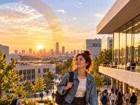 Una giovane studentessa con lo zaino sale le scale di un campus universitario al tramonto