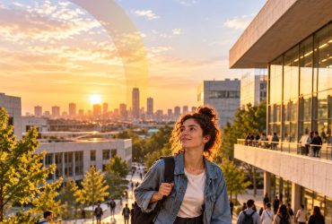 Una giovane studentessa con lo zaino sale le scale di un campus universitario al tramonto