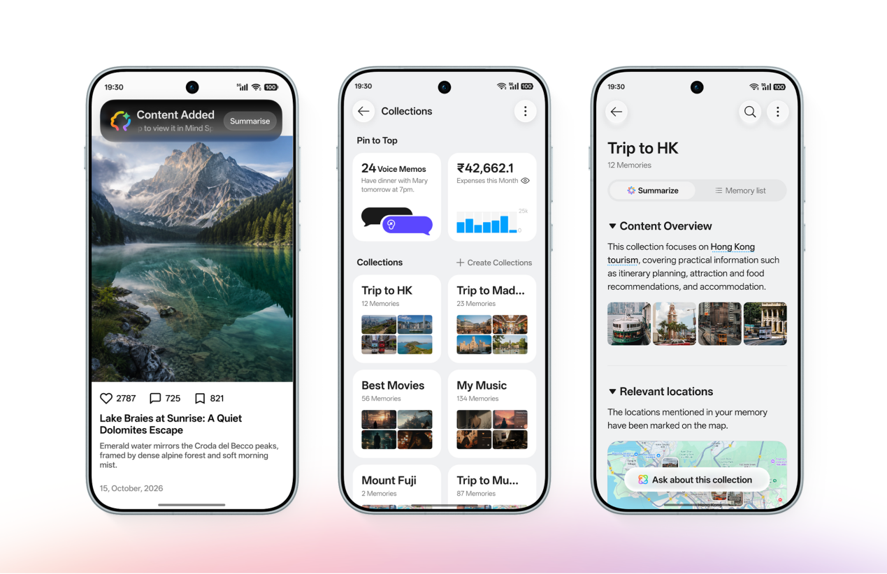 Tre schermate di ColorOS 17 con le raccolte Smart Collections di un viaggio
