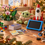 Illustrazione di idee regalo con scatole, giocattoli e decorazioni natalizie