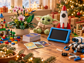 Illustrazione di idee regalo con scatole, giocattoli e decorazioni natalizie