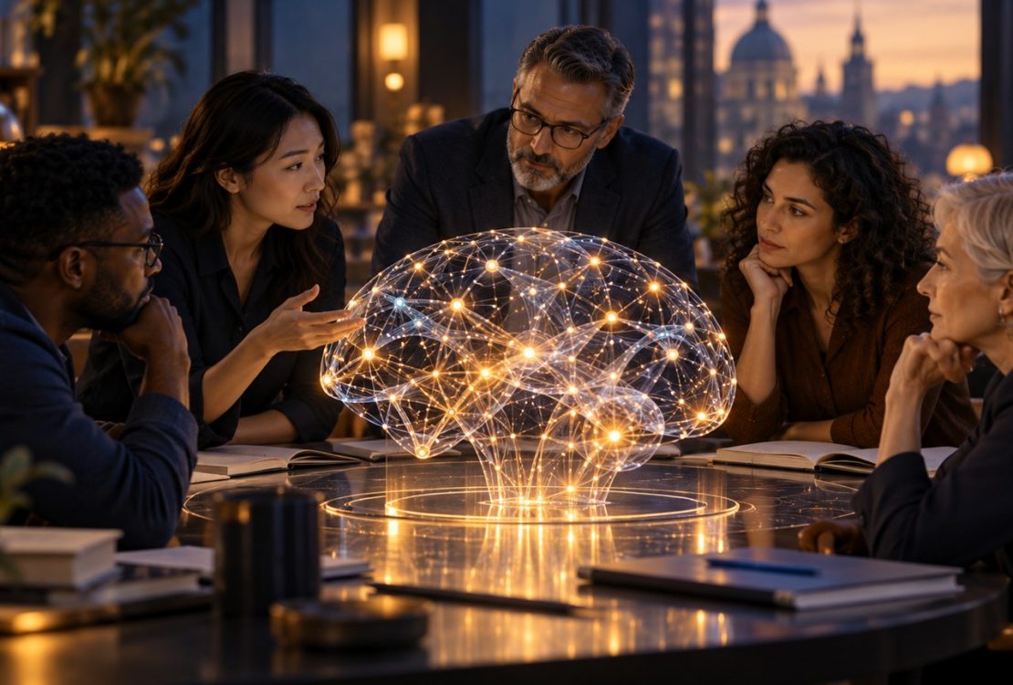 Illustrazione di ricercatori che discutono il controllo dell’intelligenza artificiale, generata con IA