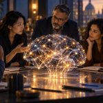 Illustrazione di ricercatori che discutono il controllo dell’intelligenza artificiale, generata con IA