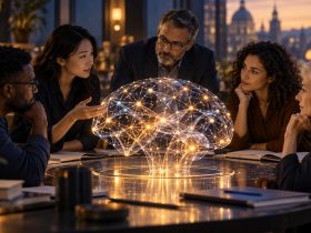 Illustrazione di ricercatori che discutono il controllo dell’intelligenza artificiale, generata con IA