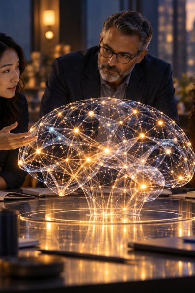 Illustrazione di ricercatori che discutono il controllo dell’intelligenza artificiale, generata con IA