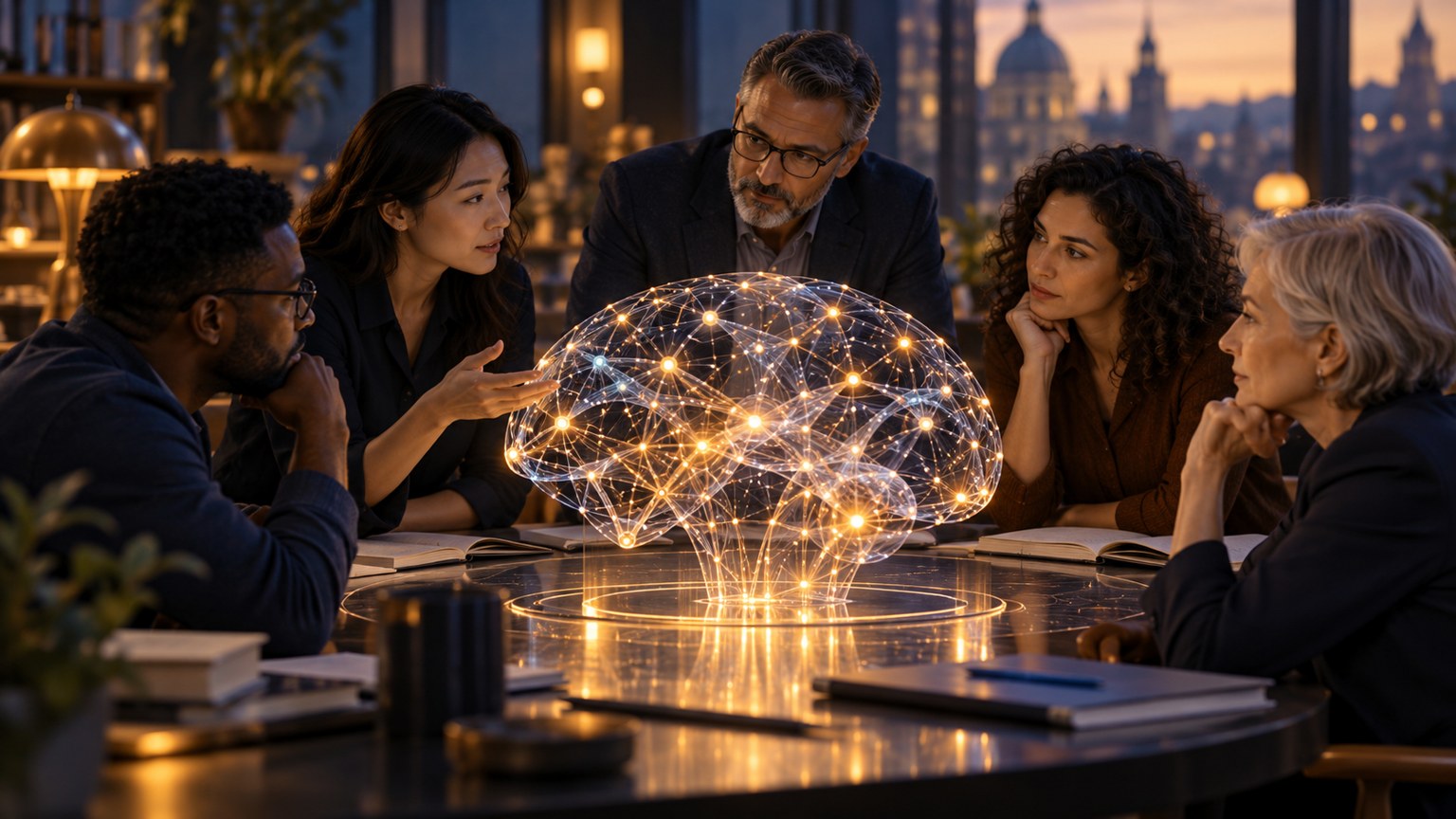 Illustrazione di ricercatori che discutono il controllo dell’intelligenza artificiale, generata con IA