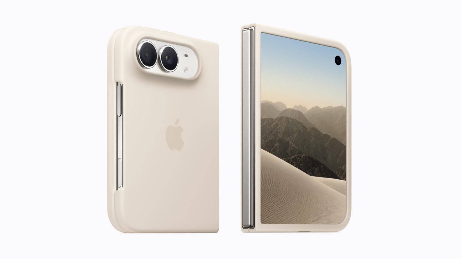iPhone Duo con custodia color sabbia, il pieghevole Apple con Touch ID nel tasto laterale