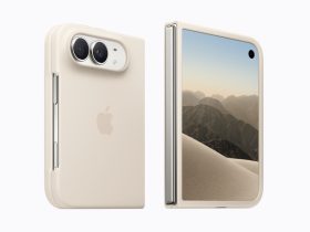 iPhone Duo con custodia color sabbia, il pieghevole Apple con Touch ID nel tasto laterale