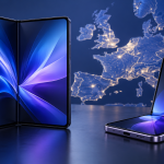 Illustrazione di smartphone pieghevoli davanti a una mappa europea