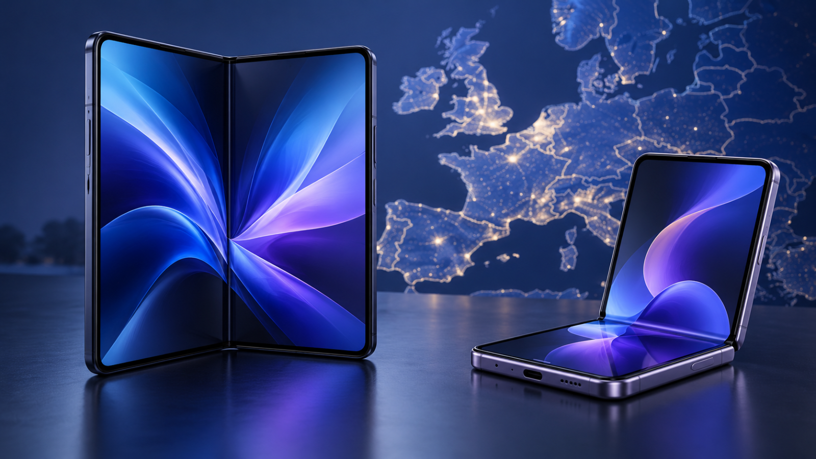 Illustrazione di smartphone pieghevoli davanti a una mappa europea