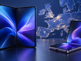 Illustrazione di smartphone pieghevoli davanti a una mappa europea