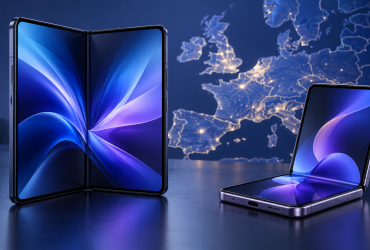 Illustrazione di smartphone pieghevoli davanti a una mappa europea